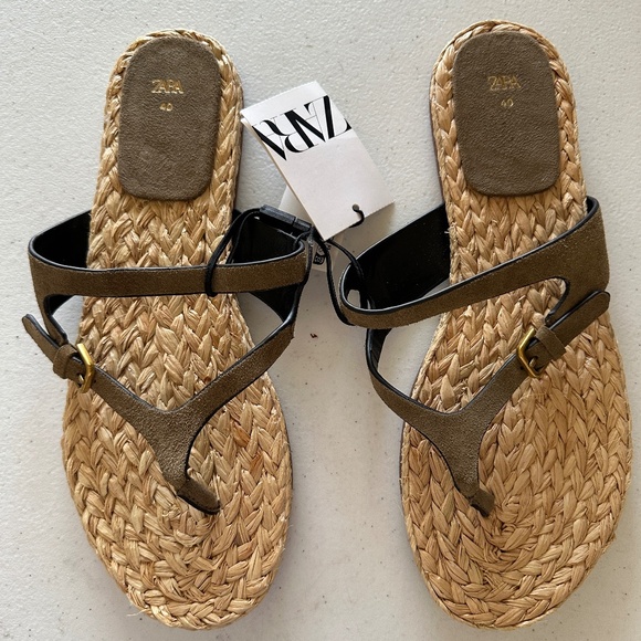 NEW Zara Leather Thong Espadrille Sandal Size 40 US 10 - Picture 1 of 6